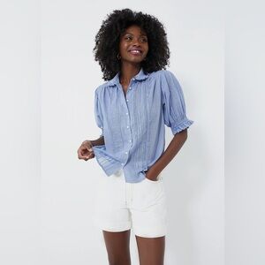 Trovata Birds of Paradise Ruffle Collar Blue Houndstooth Gemma Blouse, XS